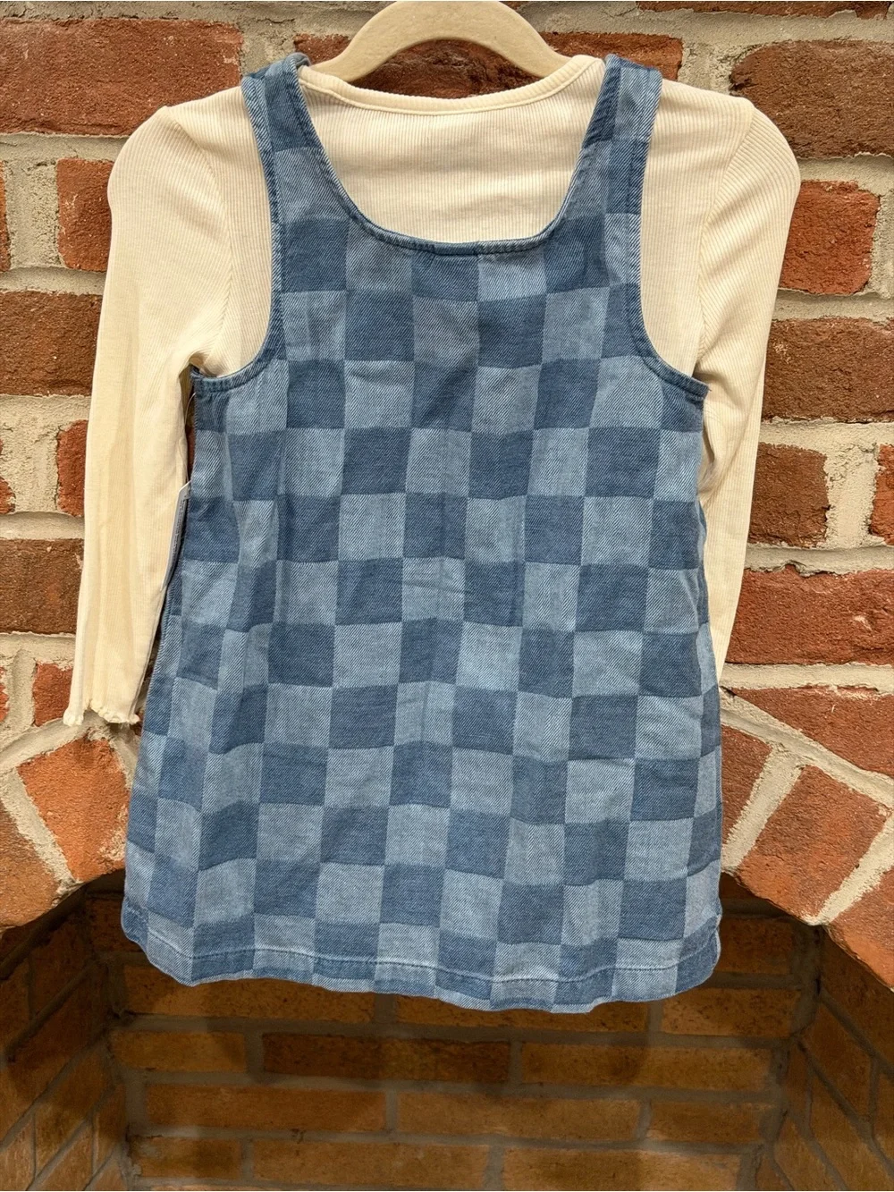 Old Navy Blue Checkered Denim Pinafore with Cream Ribbed Top